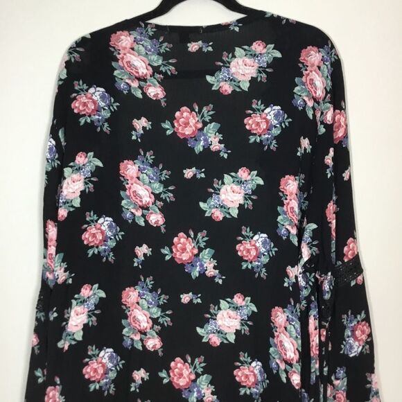 Bell sleeve roses pattern embroidery black cover up duster boho hippie floaty 2X - Picture 7 of 9